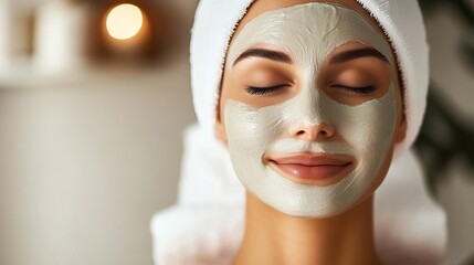 Woman relaxing with clay face mask, spa