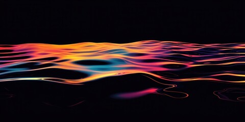 Iridescent Pastel Waves on Pitch Black Background Capturing Fluid Motion and Colorful Reflection in Modern Abstract Art Style
