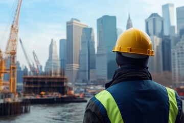 Rear view of a working builder in a protective helmet at a construction site - Labor Day celebration in style