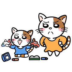 片づけない子供に怒るお母さんネコ