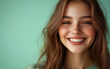 Naklejka premium Beauty girl smiling and wearing a t-shirt in studio color background