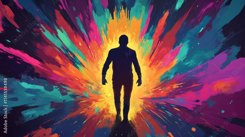 Poster silhouette of a man walking towards a colorful explosion of light and color, symbolizing transformat