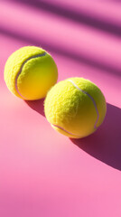 Tennis balls lined up on a pink background
