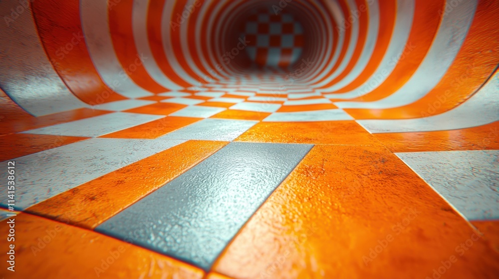Poster dynamic view of colorful checkerboard tunnel abstract art indoor environment unique perspective visu