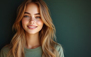 Fototapeta premium Beauty girl smiling and wearing a t-shirt in studio color background