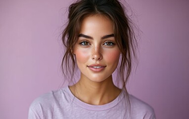 Fototapeta premium Beauty girl smiling and wearing a t-shirt in studio color background