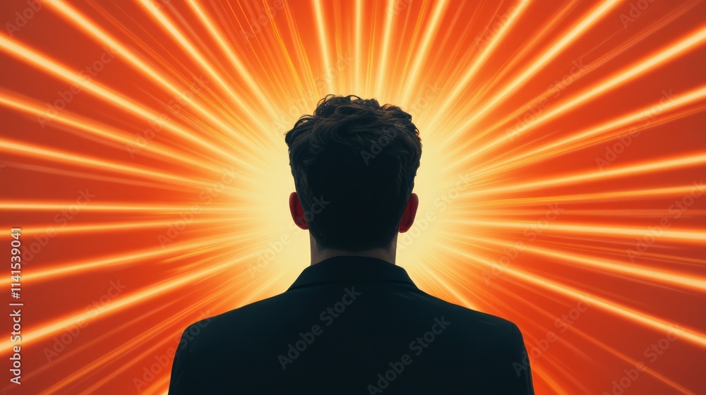 Poster a person with back to camera facing a bright orange glow with radiating light beams representing enl