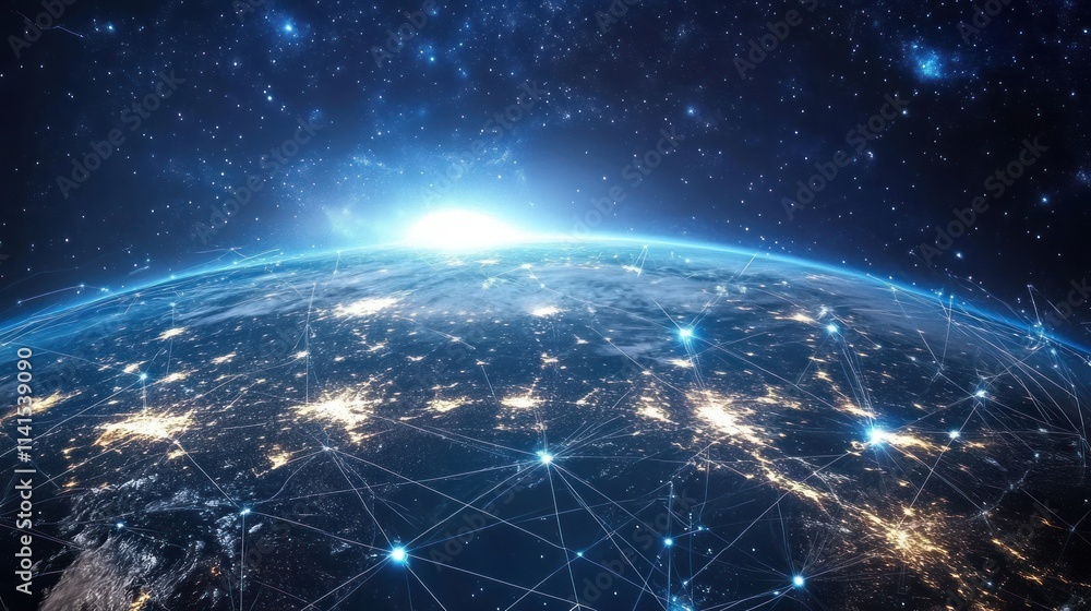 Poster a view of earth from space, showcasing interconnected networks and glowing city lights.
