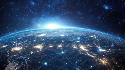 Obraz premium A view of Earth from space, showcasing interconnected networks and glowing city lights.