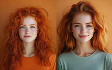 Naklejka premium Beauty girl smiling and wearing a t-shirt in studio color background