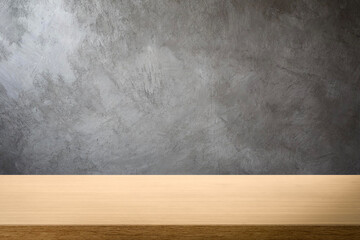 Empty wooden table top and color dark or gray wall background for showing products and advertisers. Template mock up for display of product. product promotion in the wall. for display or montage.