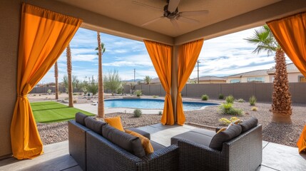 Fototapeta premium Lush Desert Pool View from Stylish Patio with Cozy Outdoor Furniture