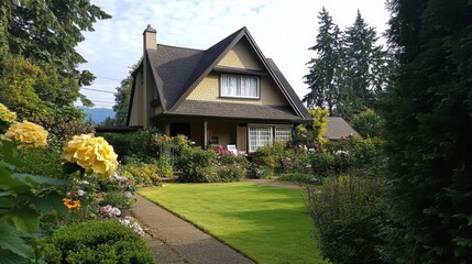 Beautiful house surrounded by vibrant flowers and green landscape in sunlight
