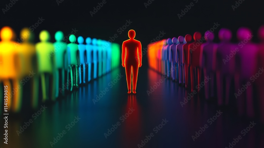Poster a vibrant contrast of colors: a single silhouette surrounded by colorful figures in a dark setting r