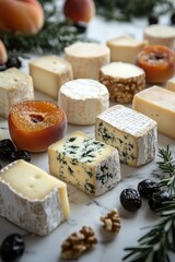 Assortment of gourmet cheeses, walnuts, and dried peaches on a marble surface. Perfect for food blogs, cheese shops, and culinary websites.