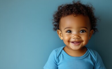 Naklejka premium Africa American young boy with hair and a t-shirt is smiling