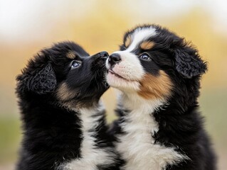 Puppy friendship softness concept. Playful puppies interacting outdoor setting photography soft focus heartwarming bond cute companions