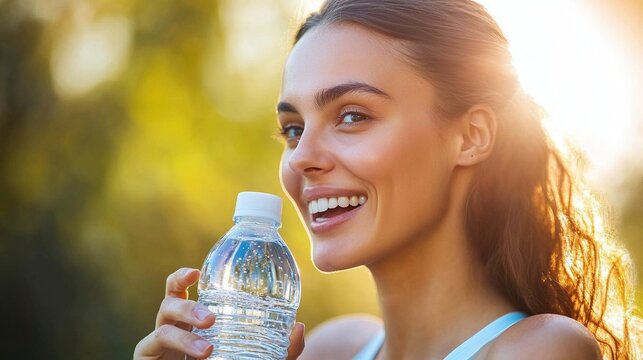 Mujer sonriente sosteniendo una botella de agua al aire libre con luz natural y fondo desenfocado de tonos dorados