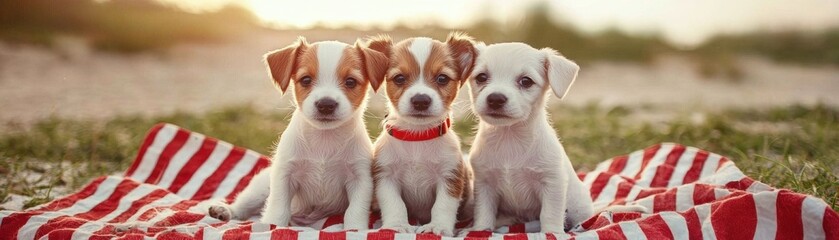 Puppy friendship softness concept. Playful puppies relaxing on a picnic blanket at sunset outdoor photography nature adorable scene