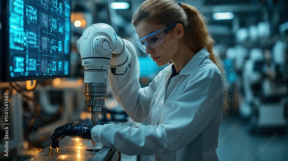 Poster woman scientist using robotic arm on lab background