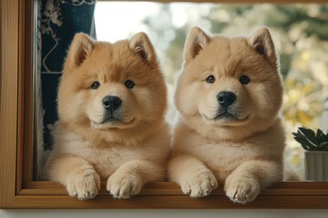 Charming chow chow puppies playfully posing by window cozy home environment captivating pet photography