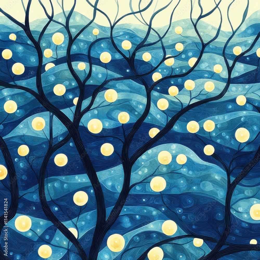 Poster illuminated tree patterns tranquil waters digital art surreal environment abstract viewpoint nature 