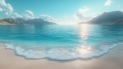 Serene beach, turquoise water, mountains, sunny sky.