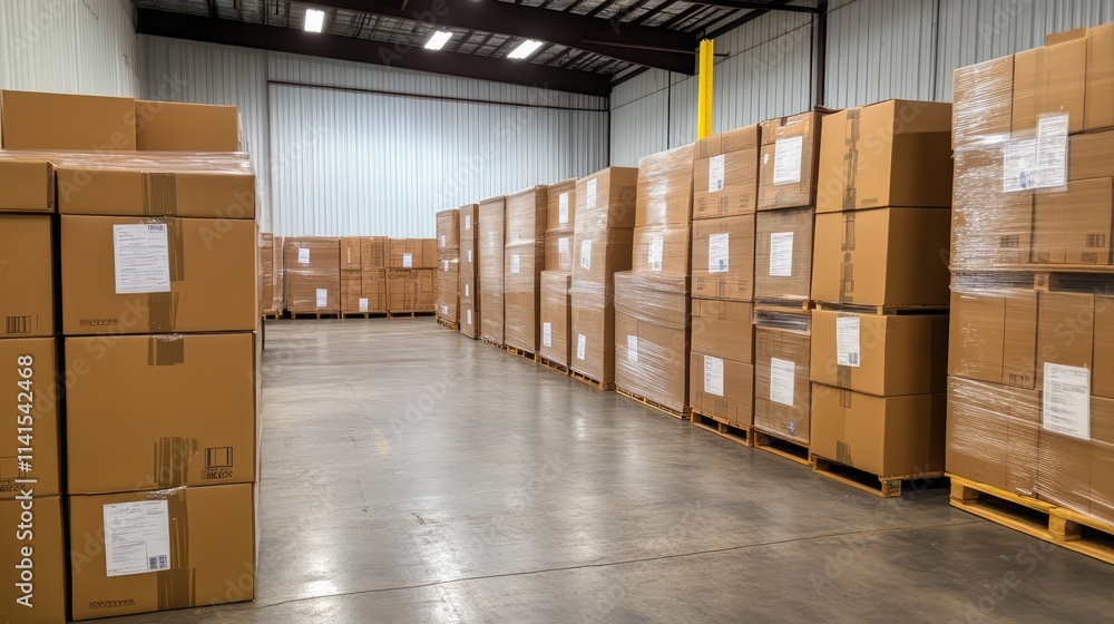 Poster spacious warehouse filled with neatly stacked cardboard boxes arranged in organized rows, showcasing