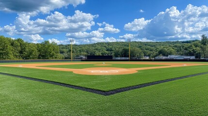 Fototapeta premium A well-maintained baseball field under a blue sky with scattered clouds.
