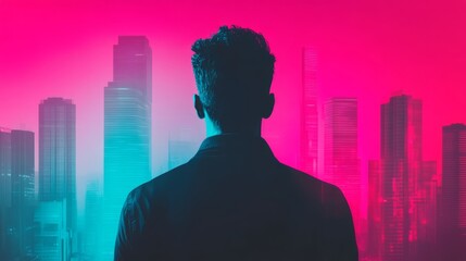 Man in Silhouette Gazing at Futuristic Cityscape with Neon Lights at Dusk, Vibrant Pink and Cyan Colors Create a Dreamlike Urban Atmosphere, Inspiring Wanderlust and Imagination
