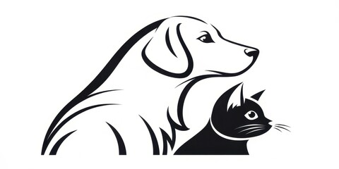 Fototapeta premium A minimalist black and white illustration featuring a dog and a cat side by side, symbolizing companionship between pets.