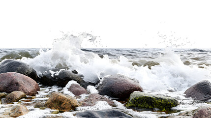 A rocky shoreline with waves crashing against the stones