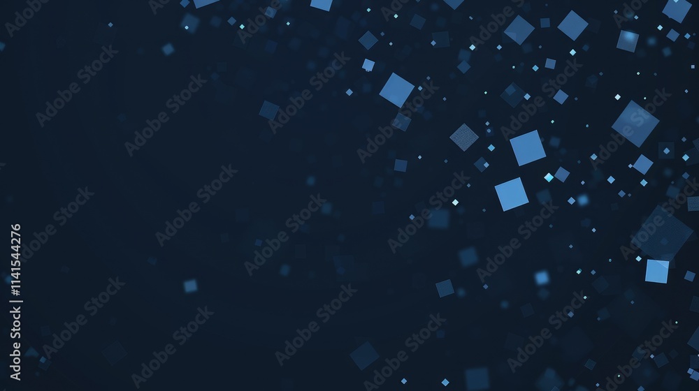Poster abstract background with floating blue squares on a dark backdrop, conveying depth and motion.