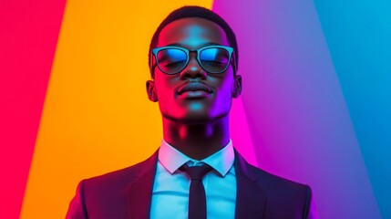 Confident Young Man in Sunglasses Wearing Suit Against Vibrant Colorful Background Highlighting Modern Fashion and Stylish Attitude