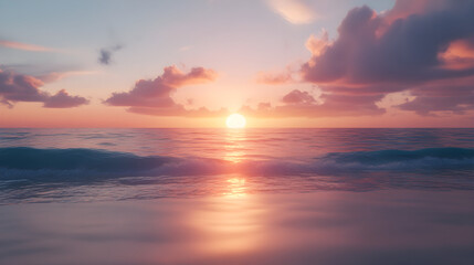 Obraz premium A tranquil beach scene with the sun setting over the horizon, casting orange and pink hues across the sky