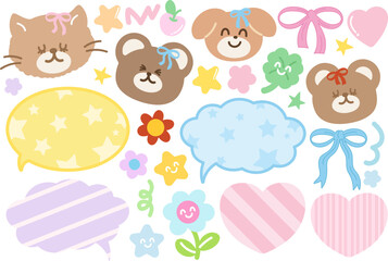Cute vector illustrations of puppy, cat, teddy bear, ribbon, flowers, heart, clover leaf, cherry, text bubble, stars for cartoon, characters, pet shop, zoo, animals, mascot, text, message, nature