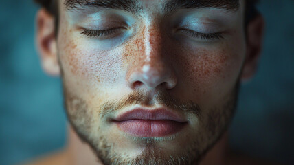 Close up portrait of a man with freckles  eyes closed  peaceful expression