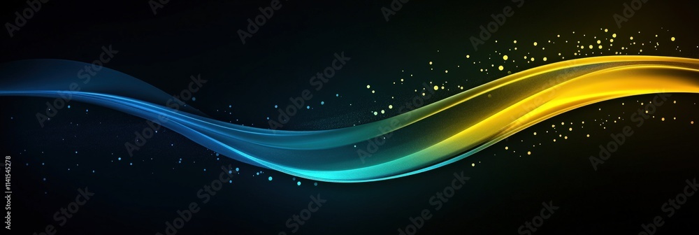 Poster iridescent shapes on pitch black background with dynamic waves of color and sparkling lights creatin