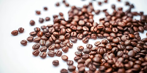 Fototapeta premium Roasted coffee beans scattered on a white background, showcasing their rich brown color and natural texture.