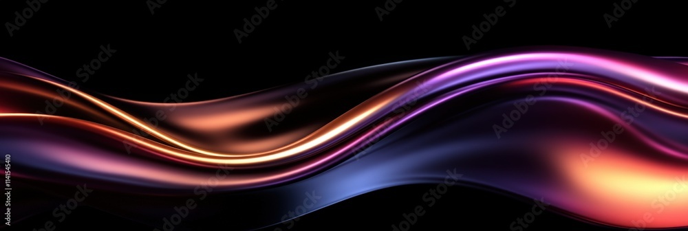 Poster iridescent waves on a pitch black background with fluid shapes and colorful reflections for abstract
