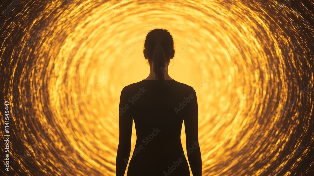 Poster silhouette of a woman standing in front of a vibrant spiraling light circle, creating a mystical and
