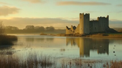 Serene Sunset Reflection of an Ancient Castle Beside a Tranquil Lake