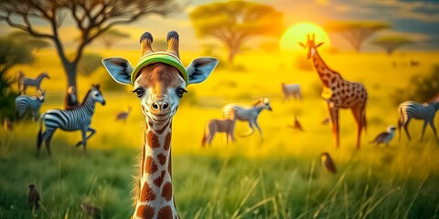 A young giraffe wearing a hat in a savannah sunset scene with zebras and other wildlife