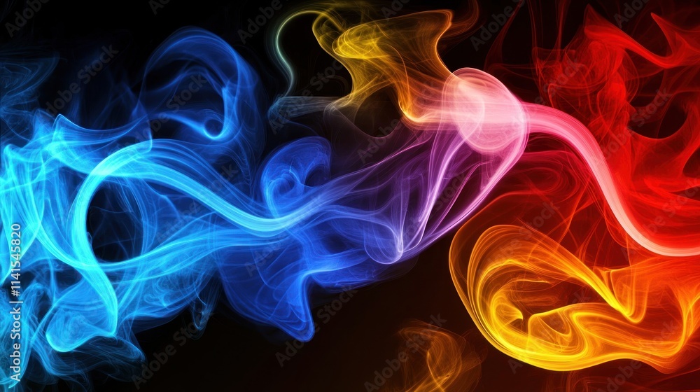 Poster abstract colorful smoke swirls on a black background, creating a dynamic visual effect.
