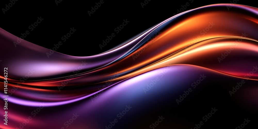 Poster Abstract Iridescent Shapes on a Dark Background with Smooth Waves and Flowing Lines in Vibrant Colors for Artistic and Design Use