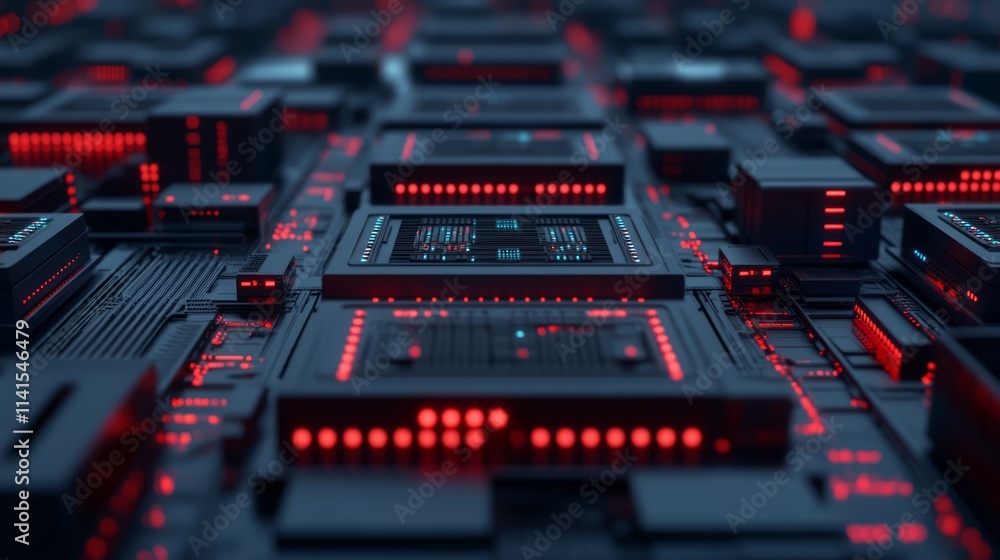 Aufkleber high-tech futuristic circuit board with glowing red lights and intricate microchips, showcasing adva