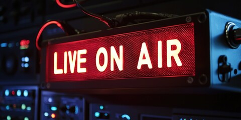 A "live on air" sign glowing red in a professional radio studio setting.