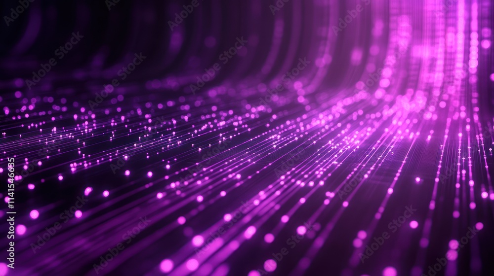 Poster abstract digital design with glowing purple lines and particles creating a dynamic flow.