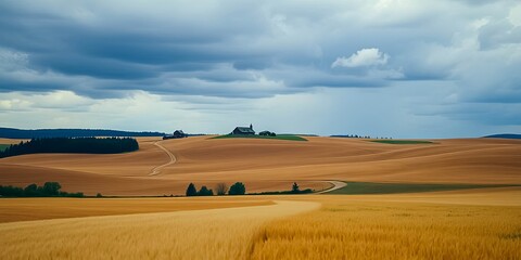 Obraz premium Serene Rural Landscape with Rolling Hills and Farm Buildings under a Cloudy Sky