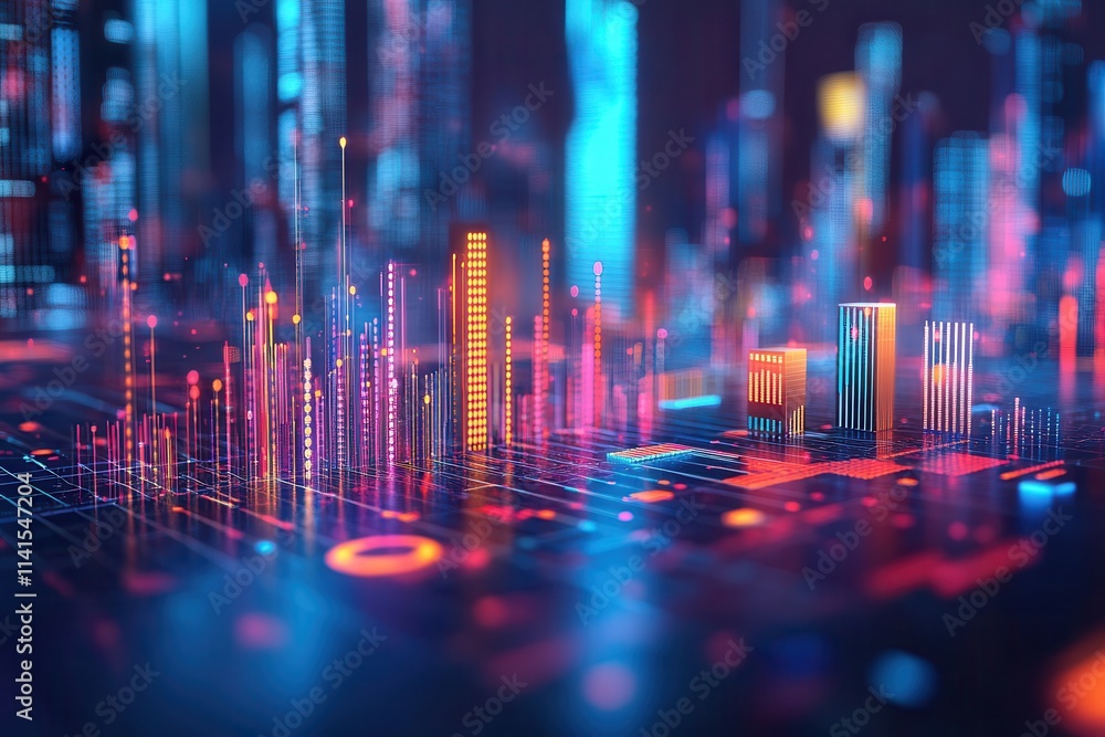 Poster A vibrant digital cityscape with glowing skyscrapers and data visualizations in a futuristic style.